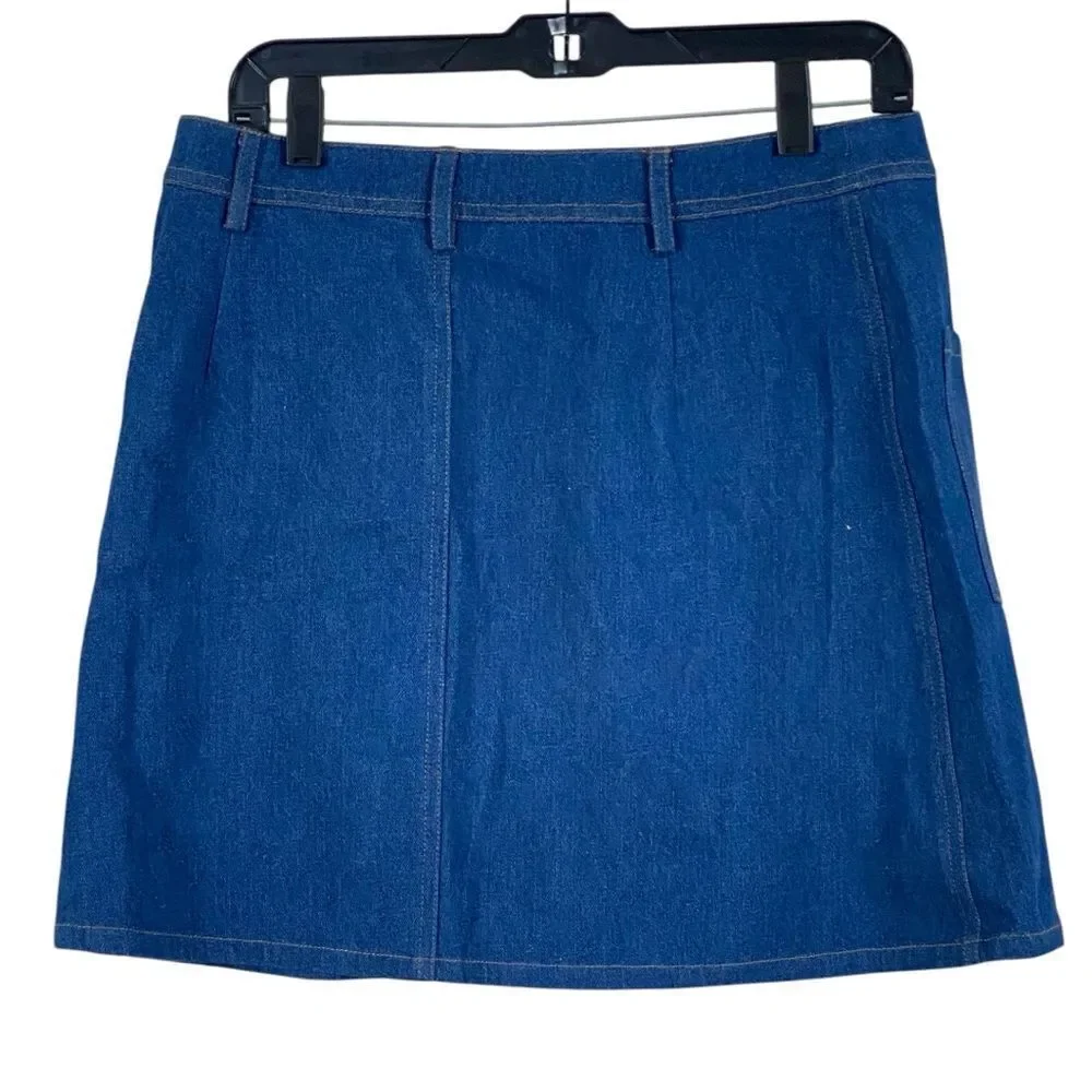 JOA Los Angeles Blue Denim Snap Front A-Line Mini Skirt Sz L NWT